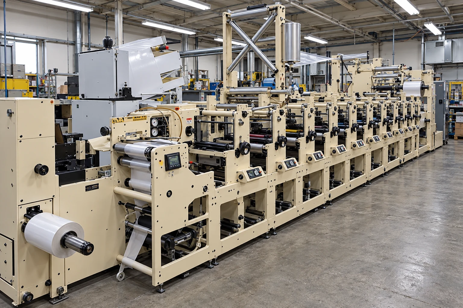 Illustrative view of a multi-station printing press in a workshop