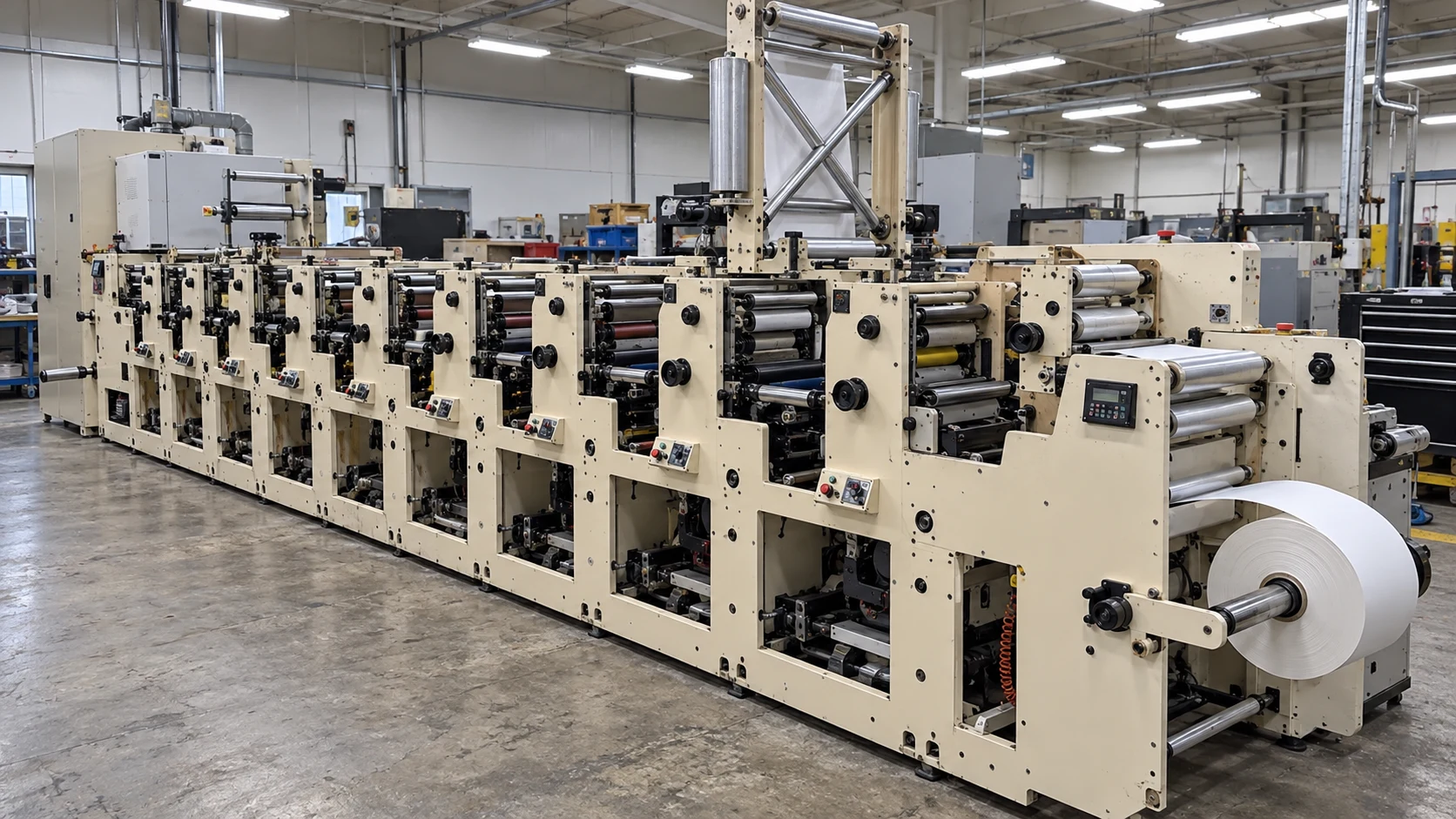Illustrative close view of printing press rollers and stations